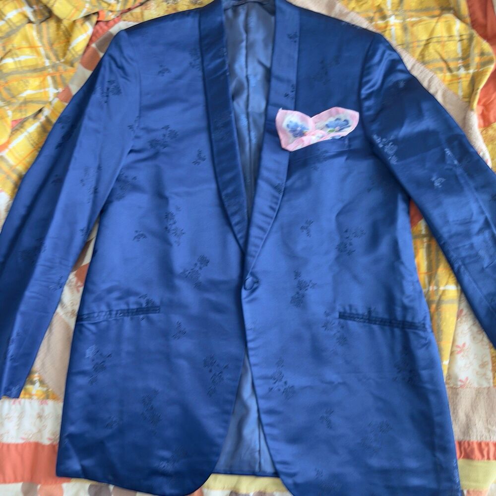 1960’s Blue Hong Kong One Button Jacquard Silk Tuxedo Jacket Size 39R  Vintage